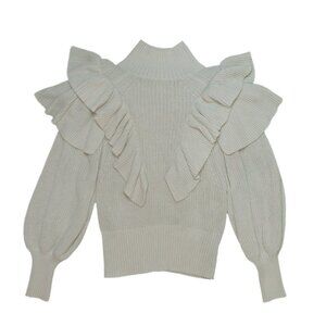 Prologue Women Ivory Ruffle Mock Neck Ballon Sleeve Boho Romantic Sweater Sz S